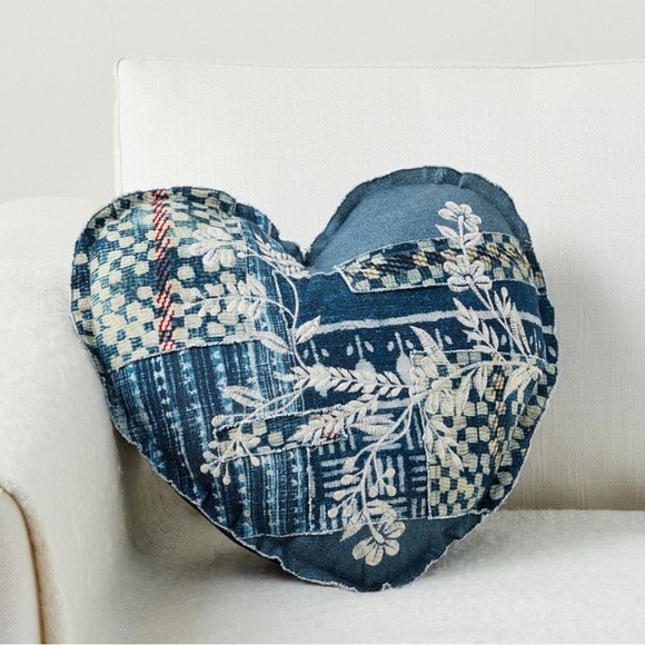 Pottery Barn Heart-Shaped Blue Patchwork Pillow - Picture 1 of 6